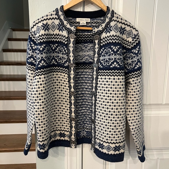 Carroll Reed Wool Cardigan Sweater Nordic Grannycore Knit Blue White Women’s M - Picture 1 of 6